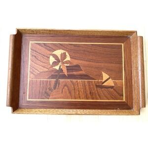 Vintage MCM Marquetry Inlaid Wood Serving Tray Sailboat Palm Tree 13" x 20"